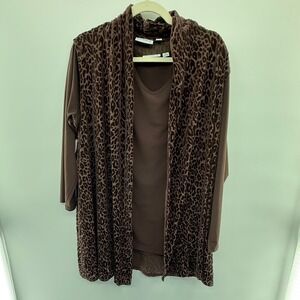 Susan Graver 2X Brown Leopard Velvet‎ Vest & Knit Top Set Fall Winter Outfit